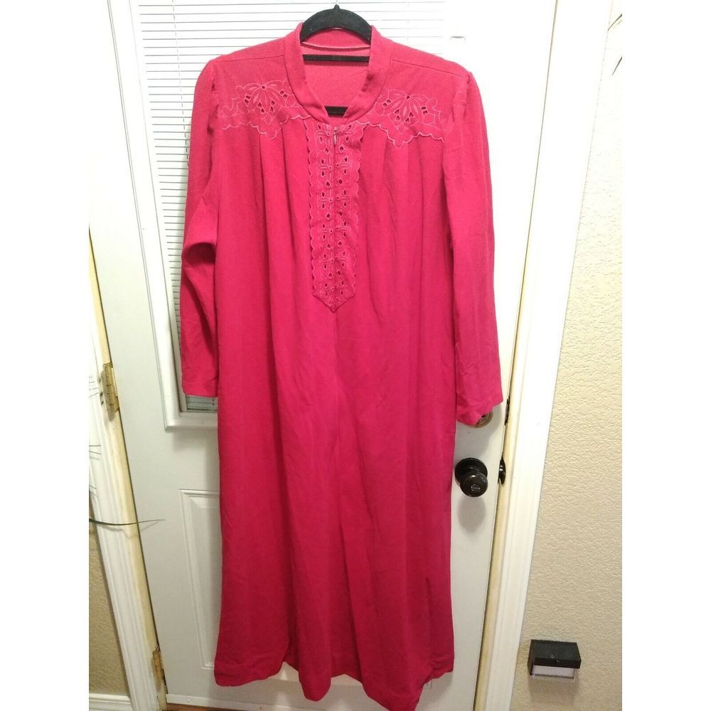 Vintage Velvet Robe Kaftan Lounge House Dress Red Long Sleeve Maxi Zip L? 53"L